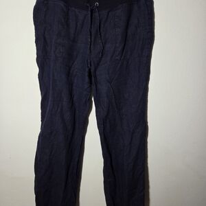 Talbots Ladies Large Petite Casual Wide Leg Tie Waist Linen Pants Beachy Navy